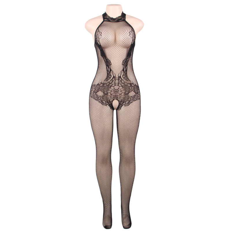 QUEEN LINGERIE LACE AND FISHNET TURTLENECK BODYSTOCKING S-L