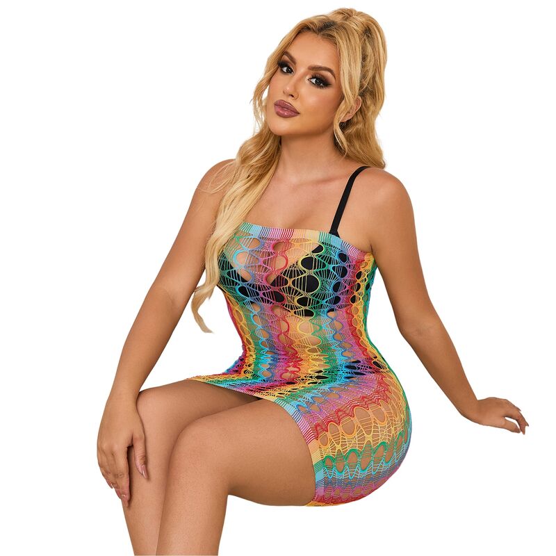 Subblime - 952365 Rainbow Bare Shoulder Fishnet Bodystocking One Size