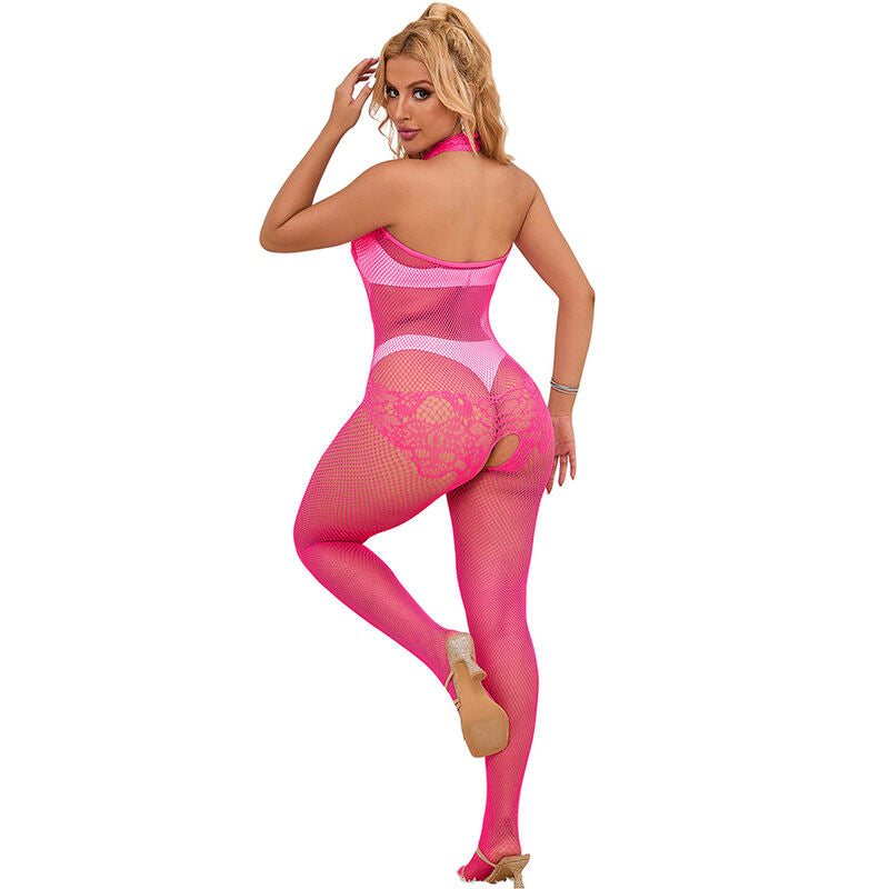 Subblime - 952389 Fishnet And Lace Crotchless Bodystocking With High Neck Pink One Size