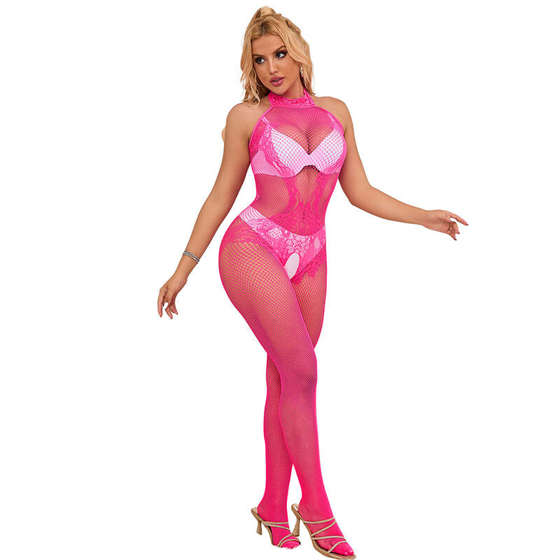 Subblime - 952389 Fishnet And Lace Crotchless Bodystocking With High Neck Pink One Size